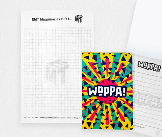 Anotadores personalizados con logo de marca, modelos EMT Maquinarias y Woppa