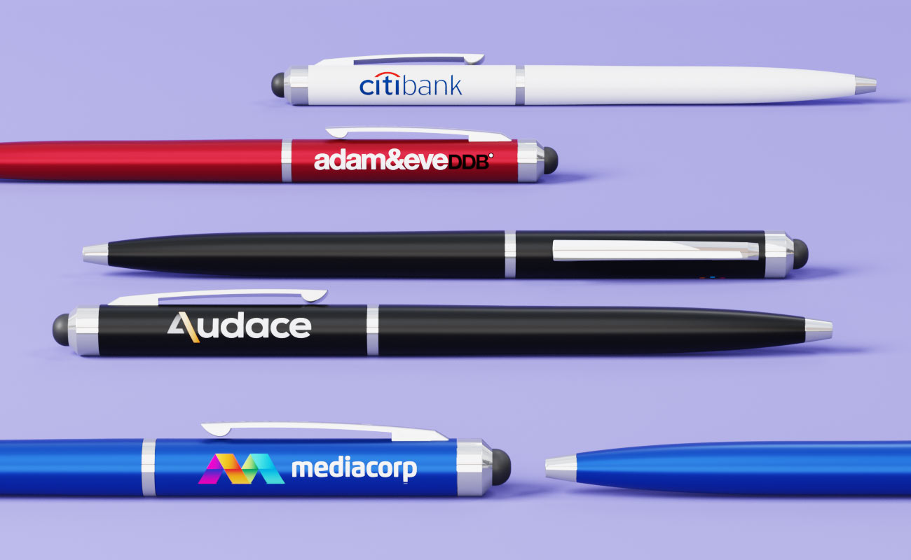 Bolígrafos personalizados con logo de marca, modelos con clip y stylus