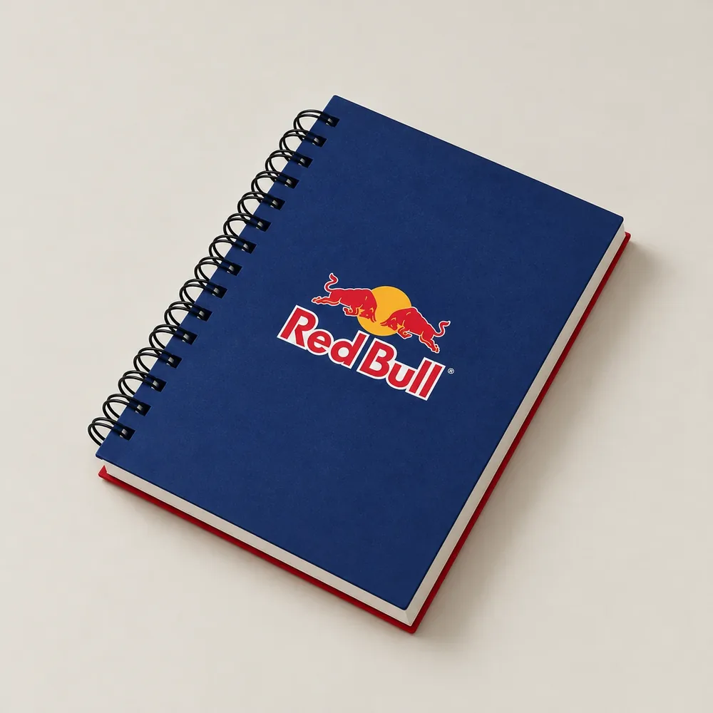 Cuaderno anillado personalizado con tapa azul y logo Red Bull (imagen ilustrativa)
